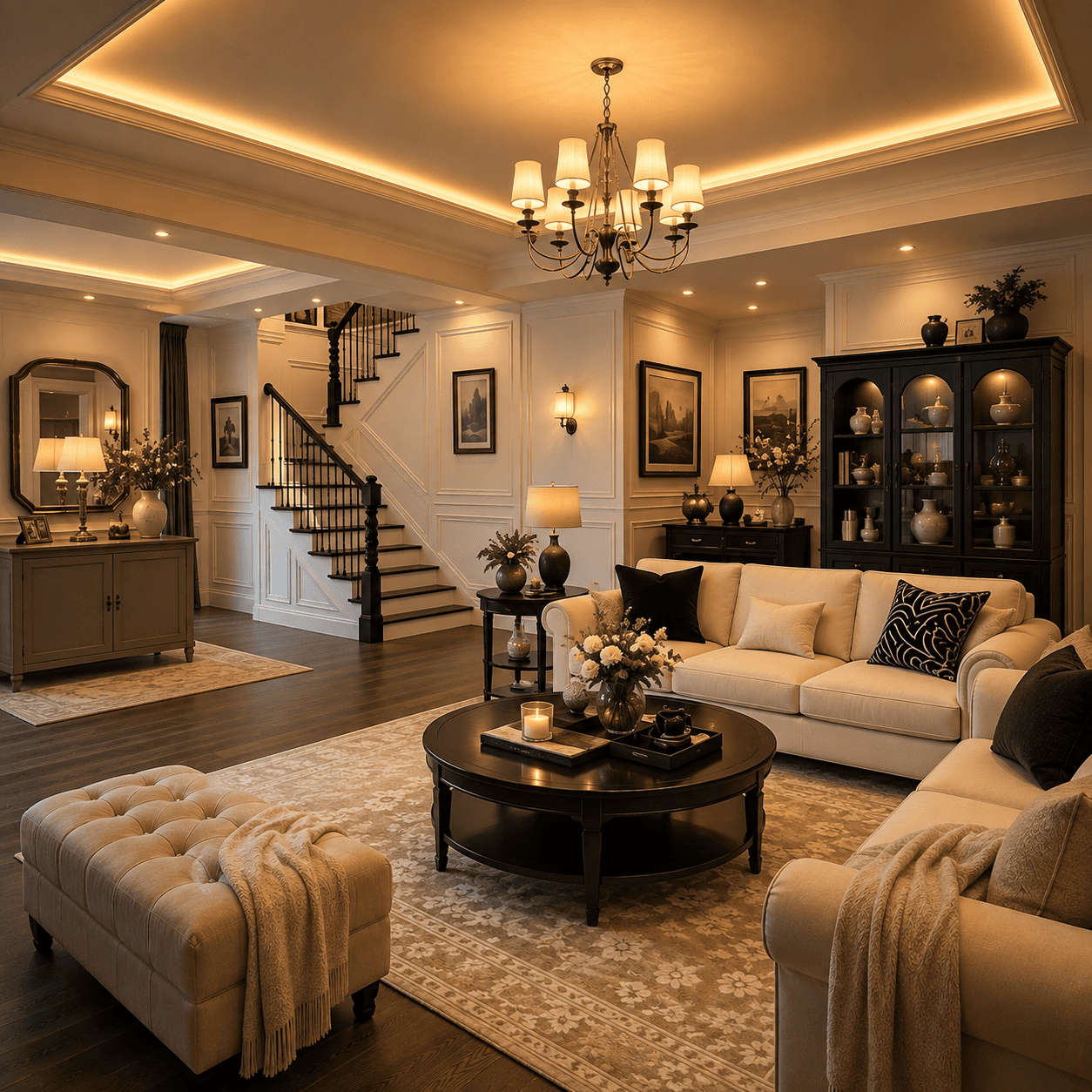 Classic American living room with cream sofas, black coffee table, staircase, console cabinet, display cabinet, area rug, lighting, wall decor, and cozy home accessories.