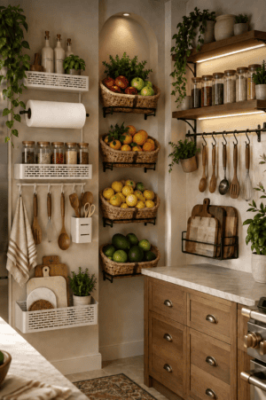 White large kitchen wall storage system featuring multiple white wall baskets, paper towel holder, spice jars, oil bottles, hanging wooden cooking utensils, kitchen towel, cutting boards, greenery, and organized vertical storage beside a refrigerator.