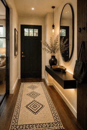 Modern clear glass pendant light with warm glowing bulb hanging in a cozy entryway beside a black front door, arched mirror, dark wood accents, neutral walls, and decorative console