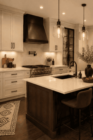 Modern clear glass pendant lights with warm glowing bulbs above a contemporary kitchen island featuring cream cabinets, black hardware, dark wood accents, marble-style counters, and warm flooring