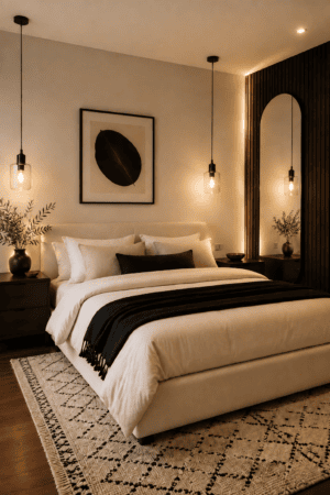 Modern clear glass pendant lights glowing warmly beside a cream upholstered bed in a cozy contemporary bedroom with white bedding, black accents, dark nightstands, framed artwork, and wood flooring