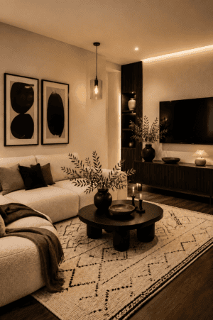 Modern clear glass pendant light hanging from the ceiling in a warm cozy living room with neutral furniture, black accents, soft lighting, framed artwork, and contemporary home decor