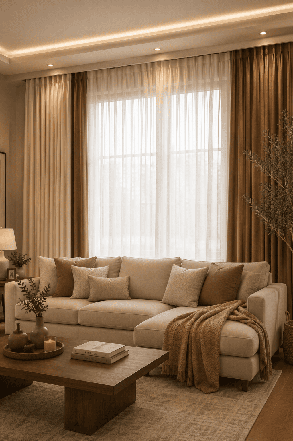 Elegant modern curtains styled in a cozy American home interior, featuring soft fabrics, flowing floor-length panels, neutral tones, and beautiful window treatments designed to add warmth, privacy, softness, and a polished designer-inspired feel.