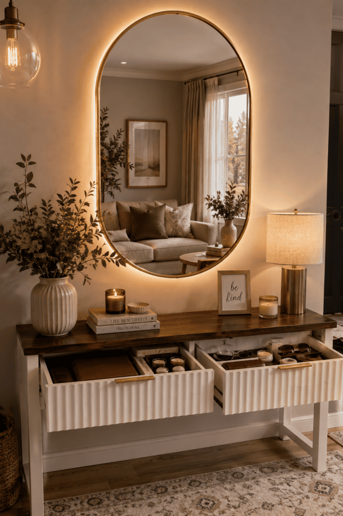 Luxury Console Table Styling Ideas highlighting an LED-backlit mirror, white storage console, warm lighting, candles, and decorative accents in a luxury hallway.