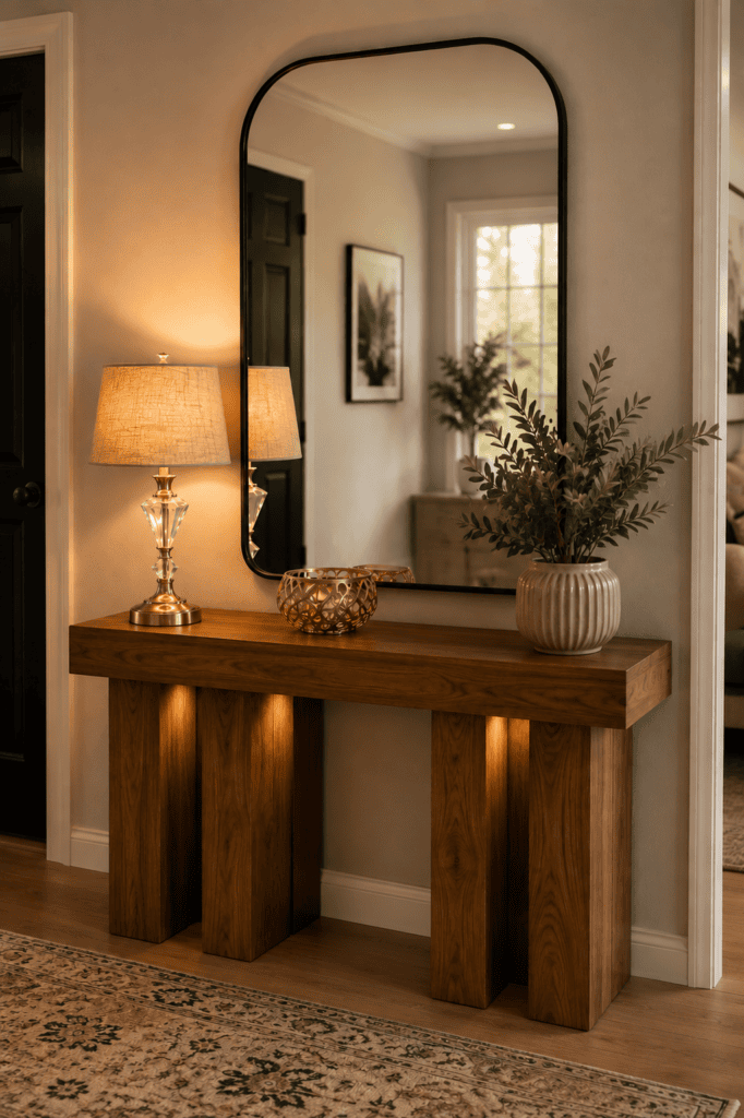 Luxury Console Table Styling Ideas showcasing a modern wooden console table, black arched mirror, warm table lamp, and decorative vase in a welcoming foyer.