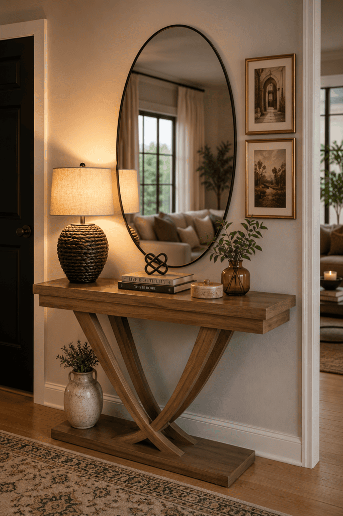 Luxury Console Table Styling Ideas featuring a sculptural wooden console table, oval gold mirror, elegant lamp, books, and greenery for a sophisticated entryway.
