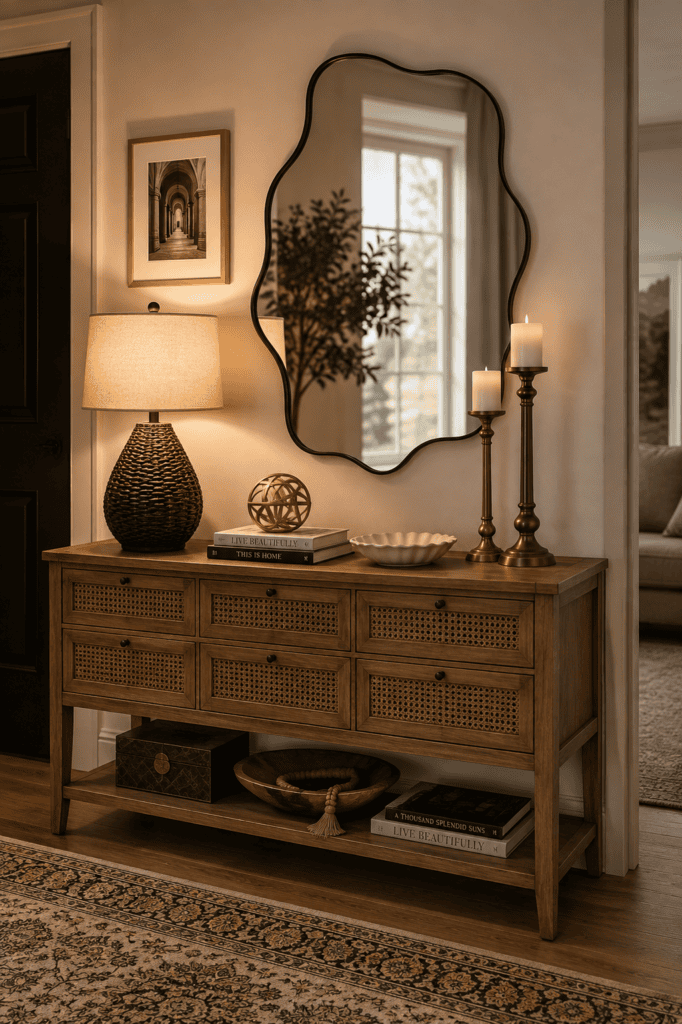 Luxury Console Table Styling Ideas featuring a wavy mirror, cane-front wooden console cabinet, woven lamp, greenery, and cozy decorative accessories.