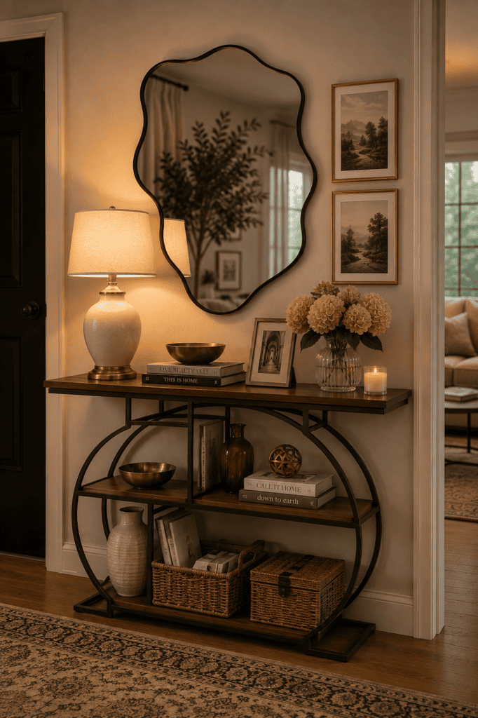 Luxury Console Table Styling Ideas displaying a black metal console table, artistic mirror, ceramic lamp, framed wall art, baskets, and elegant home decor.