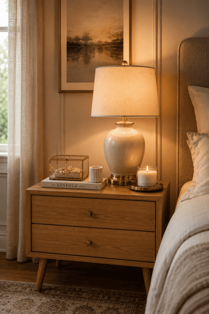 Luxury Console Table Styling Ideas with a wooden bedside table, ceramic lamp, candle, decorative tray, and warm bedroom styling for a relaxing atmosphere.