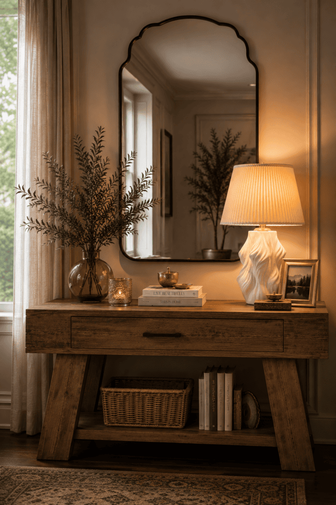 Luxury Console Table Styling Ideas showcasing a rustic wooden console table, modern mirror, sculptural table lamp, greenery, and layered home accessories.