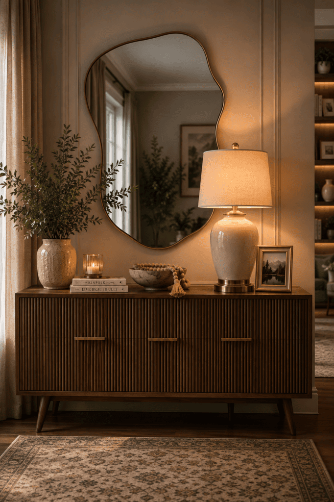 Luxury Console Table Styling Ideas featuring a fluted wood console cabinet, organic mirror, ceramic lamp, candles, greenery, and elegant entryway styling.