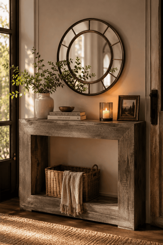 Luxury Console Table Styling Ideas featuring a rustic wood console table, round industrial mirror, candle, greenery, and woven basket for a warm welcoming entryway.