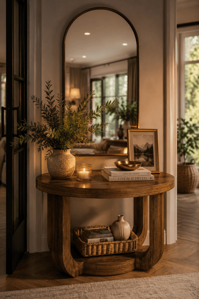 Luxury Console Table Styling Ideas featuring a round wooden console table with an arched mirror, ceramic vase filled with greenery, framed artwork, decorative books, a glowing candle, and woven basket storage, creating a warm, cozy, and elegant modern entryway.
