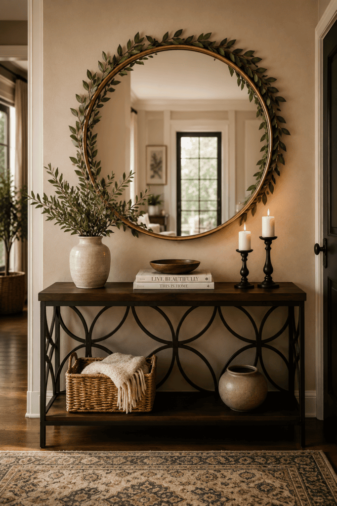 Luxury Console Table Styling Ideas featuring a round gold mirror, greenery, candles, and a stylish wooden console table for a cozy modern entryway.