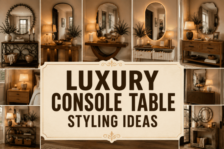 Luxury Console Table Styling Ideas featuring elegant modern console tables with mirrors, warm lighting, greenery, and cozy entryway decor inspiration.