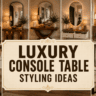 Luxury Console Table Styling Ideas featuring elegant modern console tables with mirrors, warm lighting, greenery, and cozy entryway decor inspiration.