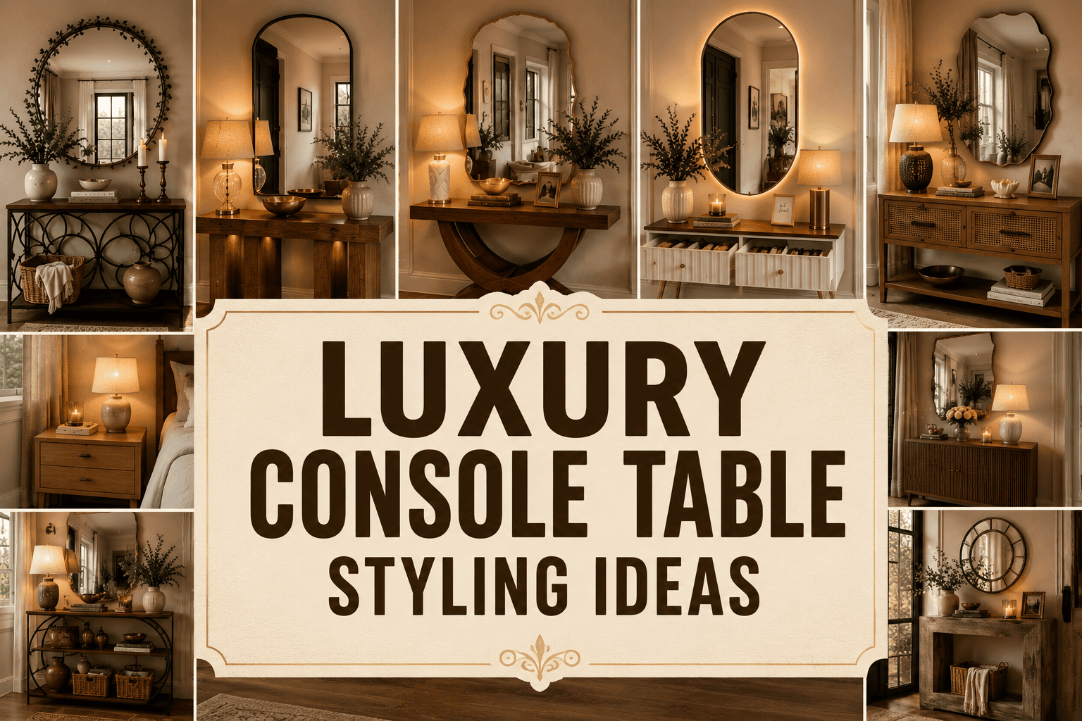 Luxury Console Table Styling Ideas featuring elegant modern console tables with mirrors, warm lighting, greenery, and cozy entryway decor inspiration.