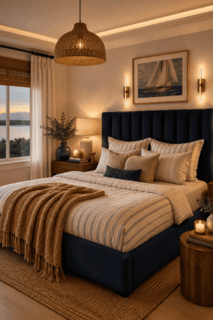 Coastal navy upholstered bed with striped bedding, woven pendant light, jute rug, wooden nightstands, table lamps, wall sconces, coastal artwork, and cozy bedroom decor.
