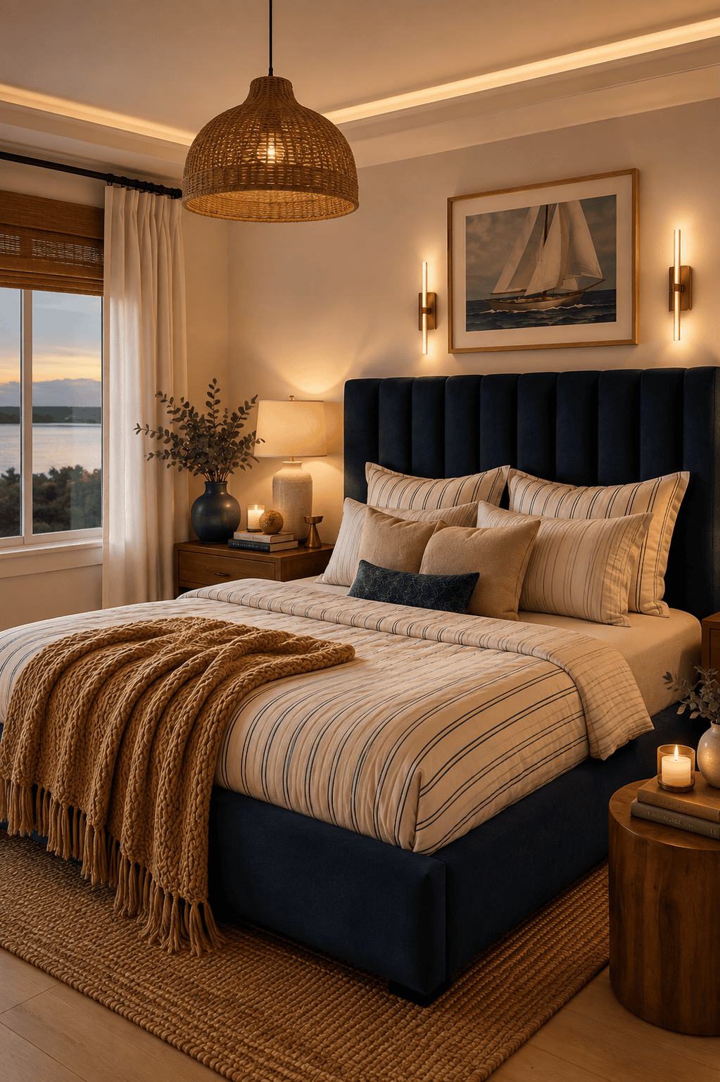 Coastal navy upholstered bed with striped bedding, woven pendant light, jute rug, wooden nightstands, table lamps, wall sconces, coastal artwork, and cozy bedroom decor.