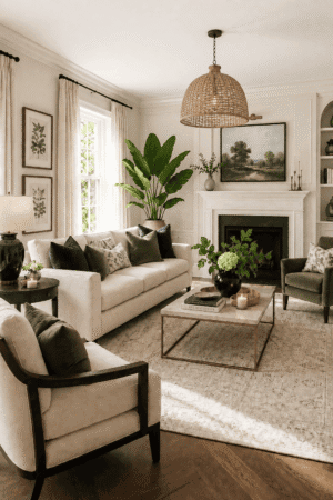 Bright American living room featuring a cream sofa, green accent chairs, marble coffee table, woven pendant light, fireplace, botanical wall art, area rug, indoor plants, and cozy living room decor.