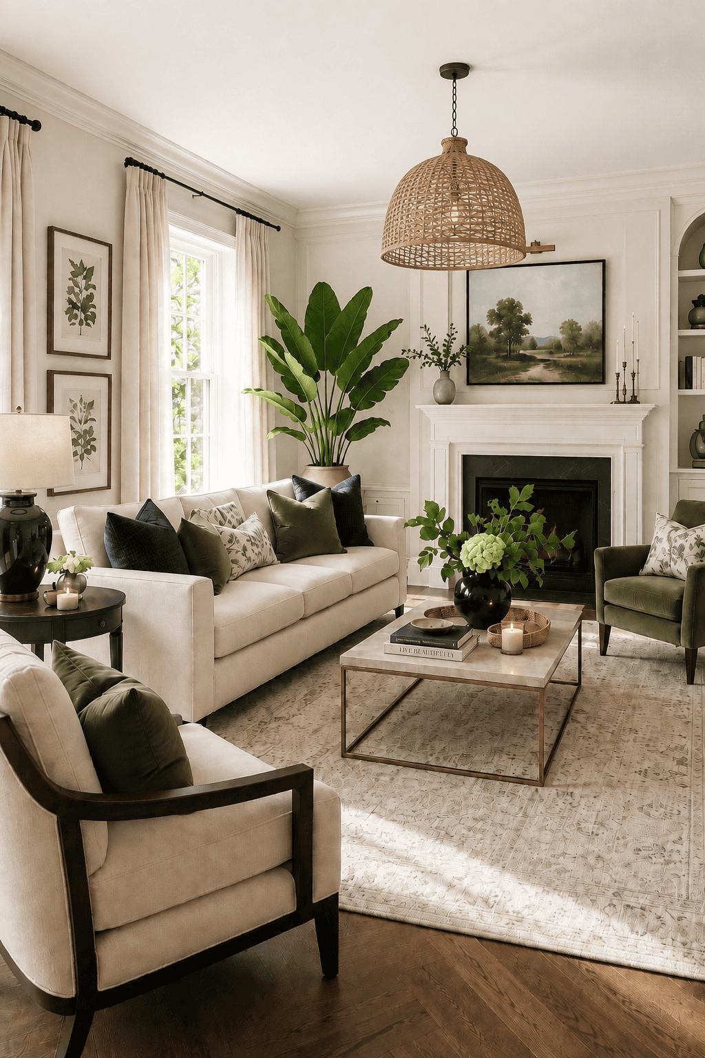 Bright American living room featuring a cream sofa, green accent chairs, marble coffee table, woven pendant light, fireplace, botanical wall art, area rug, indoor plants, and cozy living room decor.