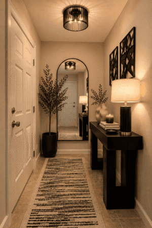 Modern American entryway featuring a black console table, oversized arch mirror, table lamp, runner rug, indoor plant, ceiling light, wall art, candles, and stylish entryway decor.