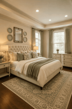Warm American sage and ivory bedroom with tufted upholstered bed, layered bedding, vintage area rug, sage curtains, bedside lamps, dresser and classic decor.