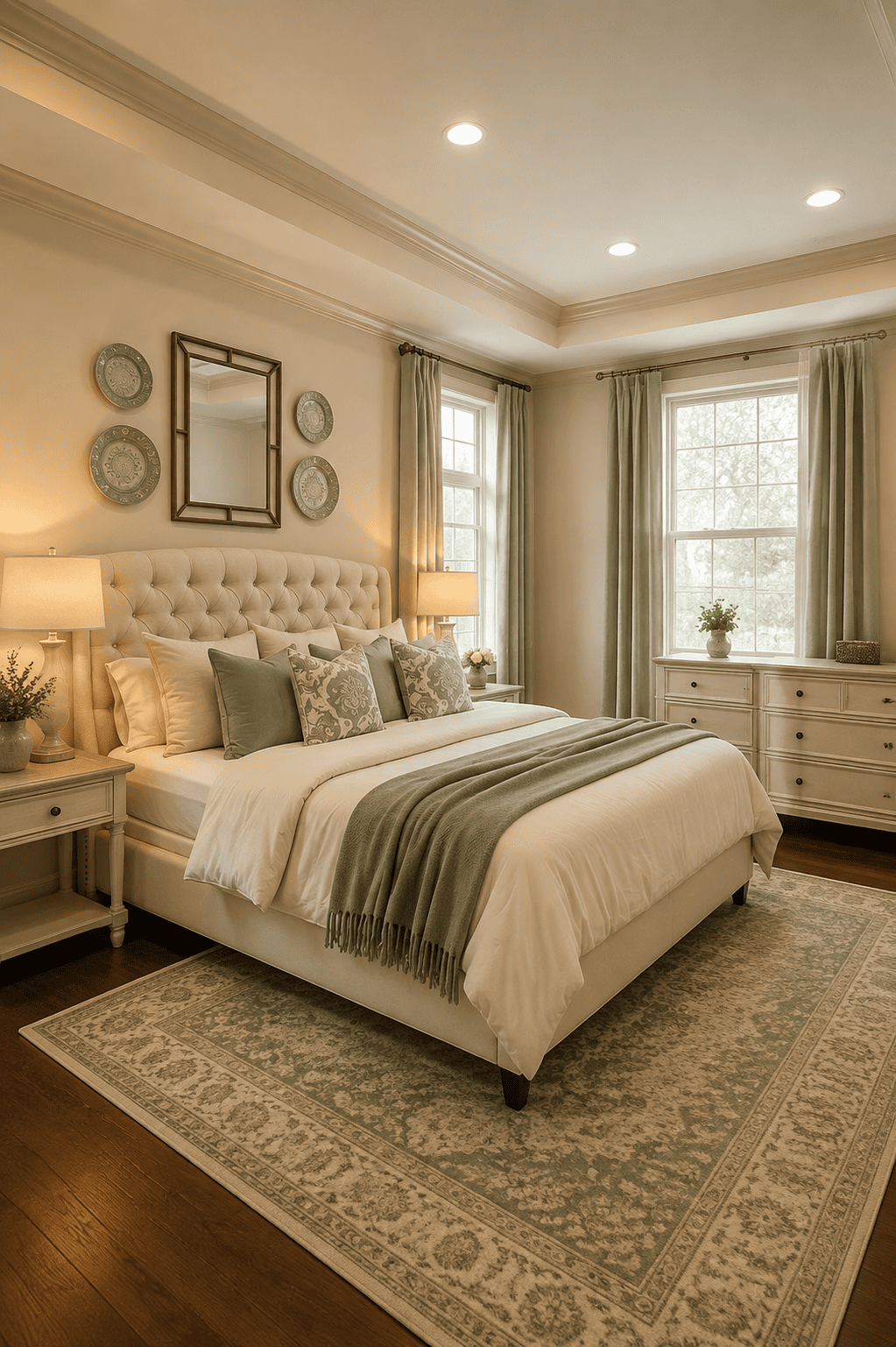 Warm American sage and ivory bedroom with tufted upholstered bed, layered bedding, vintage area rug, sage curtains, bedside lamps, dresser and classic decor.
