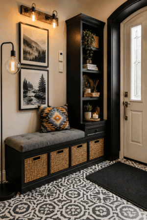 Modern Black Entryway Bench Storage Cabinet and Rustic Decor Collection
