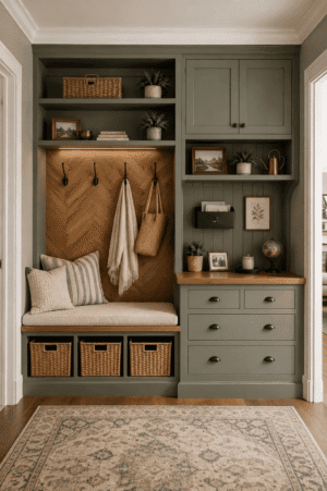 Cozy American sage green mudroom with built-in storage bench, woven baskets, wood herringbone wall, hooks, neutral pillows, cabinets, vintage decor, greenery, and patterned area rug.