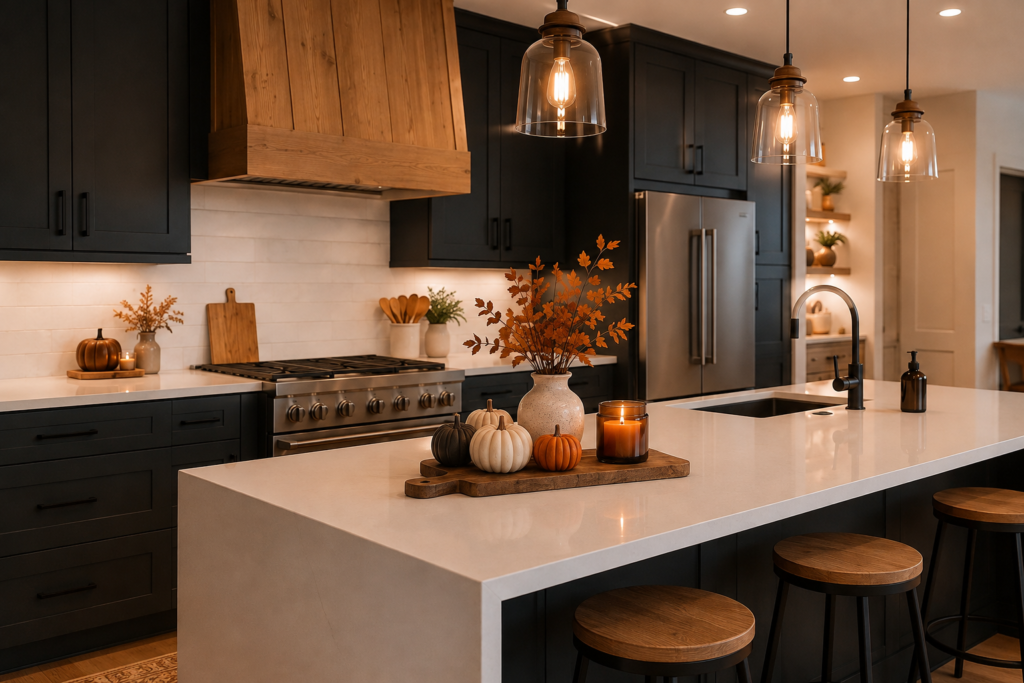 Modern fall kitchen with black cabinets, cream countertops, rust branches, mini pumpkins, and warm pendant lighting.