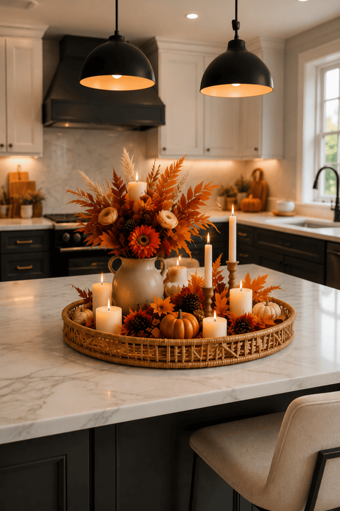 Fall kitchen island centerpiece with orange flowers, mini pumpkins, candles, pinecones, and a large woven tray.