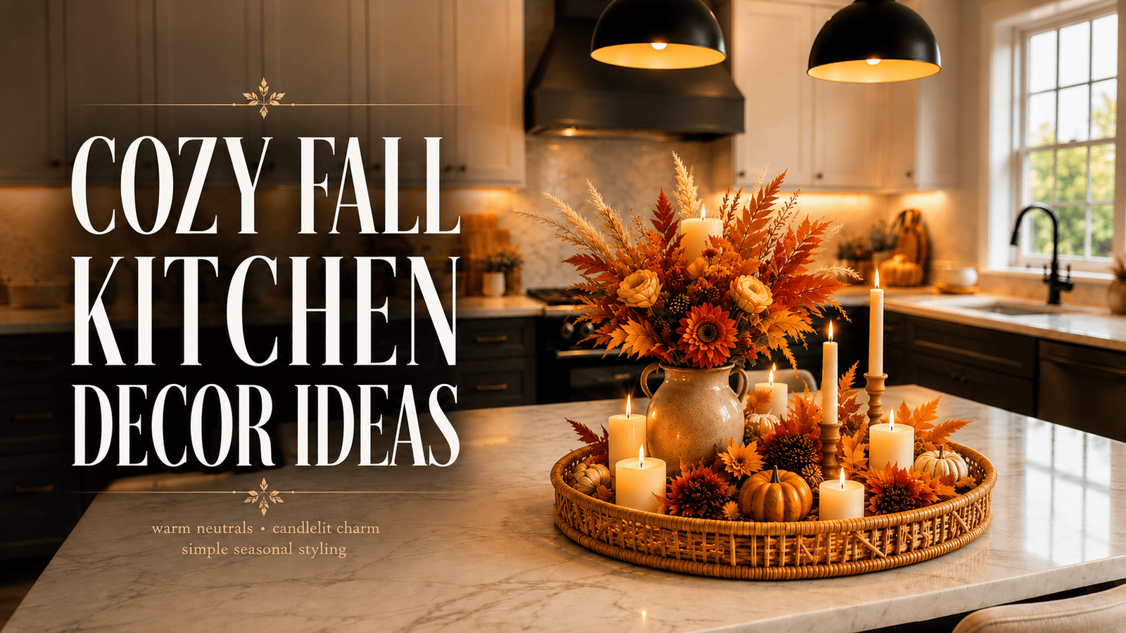 Cozy fall kitchen decor ideas featuring a warm neutral kitchen with a marble island, black pendant lights, a wicker tray centerpiece, orange florals, mini pumpkins, and glowing candles.