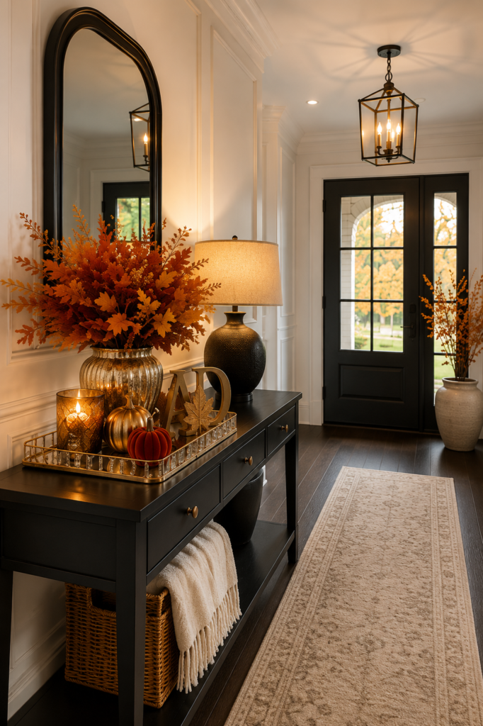 Elegant fall hallway with black console table, arched mirror, orange foliage, pumpkins, candles, and warm gold accents.