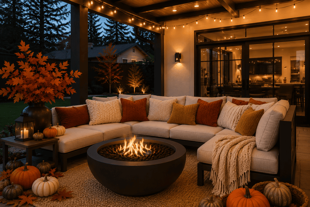Cozy fall patio with cream sectional, rust pillows, knit throws, pumpkins, string lights, and a glowing fire pit.