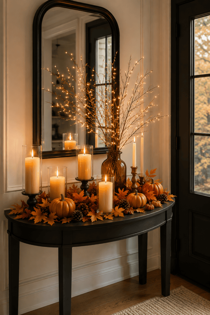 Fall entry table with black console, tall mirror, glowing branches, pillar candles, pumpkins, and autumn leaves.