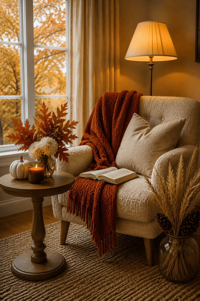 Soft reading nook with cream chair, orange knit throw, candle, side table, and cozy fall home decor ideas.