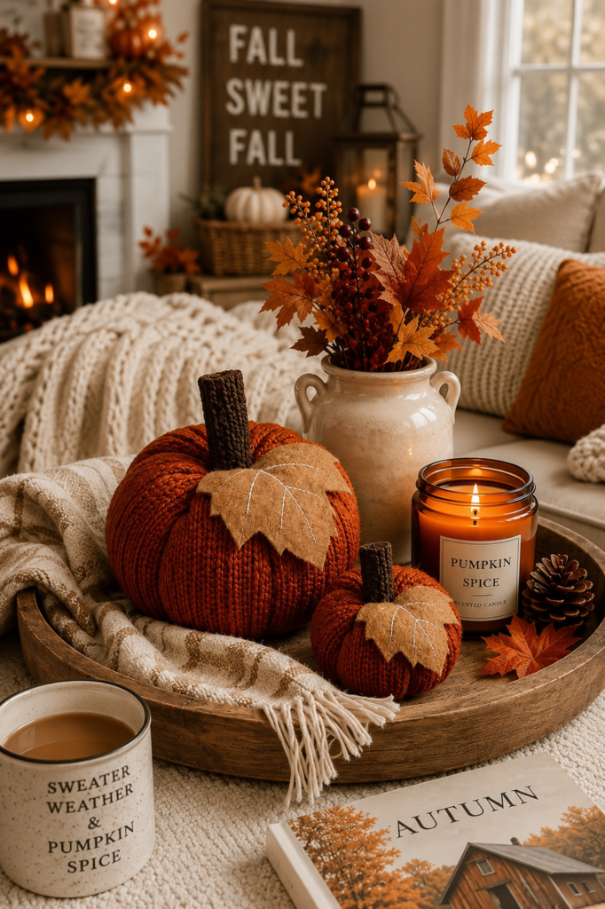 Fall coffee table tray with knitted pumpkins, autumn leaves, candle, pinecones, neutral throw, and warm seasonal accents.