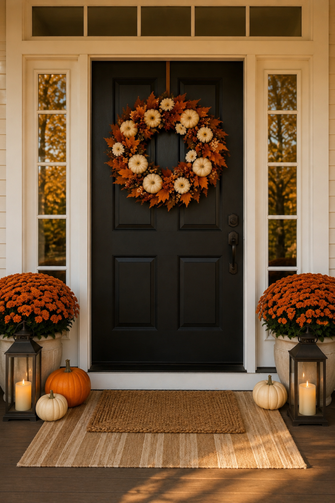 Simple front door decorated with autumn wreath, orange mums, lanterns, pumpkins, and classic fall home decor ideas.