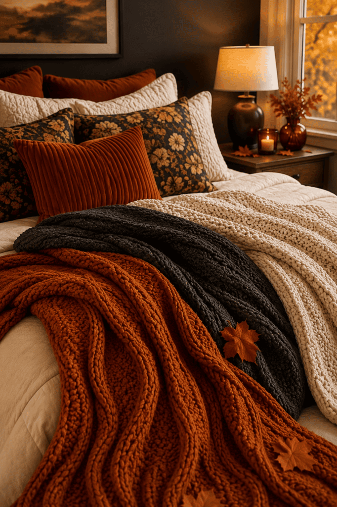 Layered bed styling with rust, charcoal, and cream knit blankets, textured pillows, and cozy fall home decor ideas.