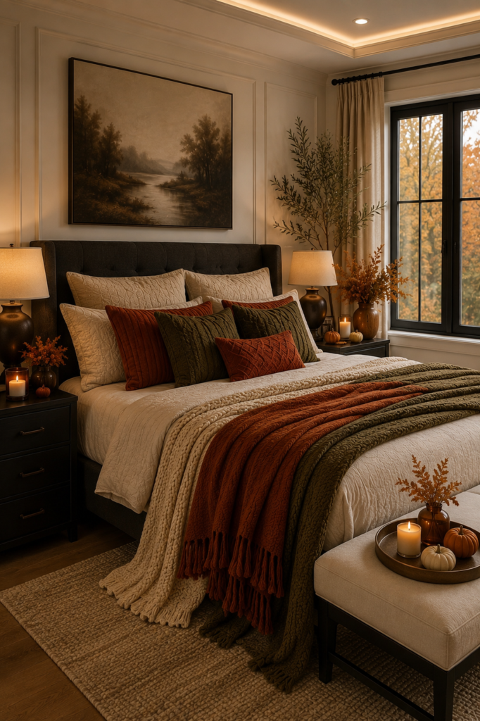 Moody fall bedroom with cream bedding, olive and rust pillows, layered throws, candles, and elegant fall home decor ideas.
