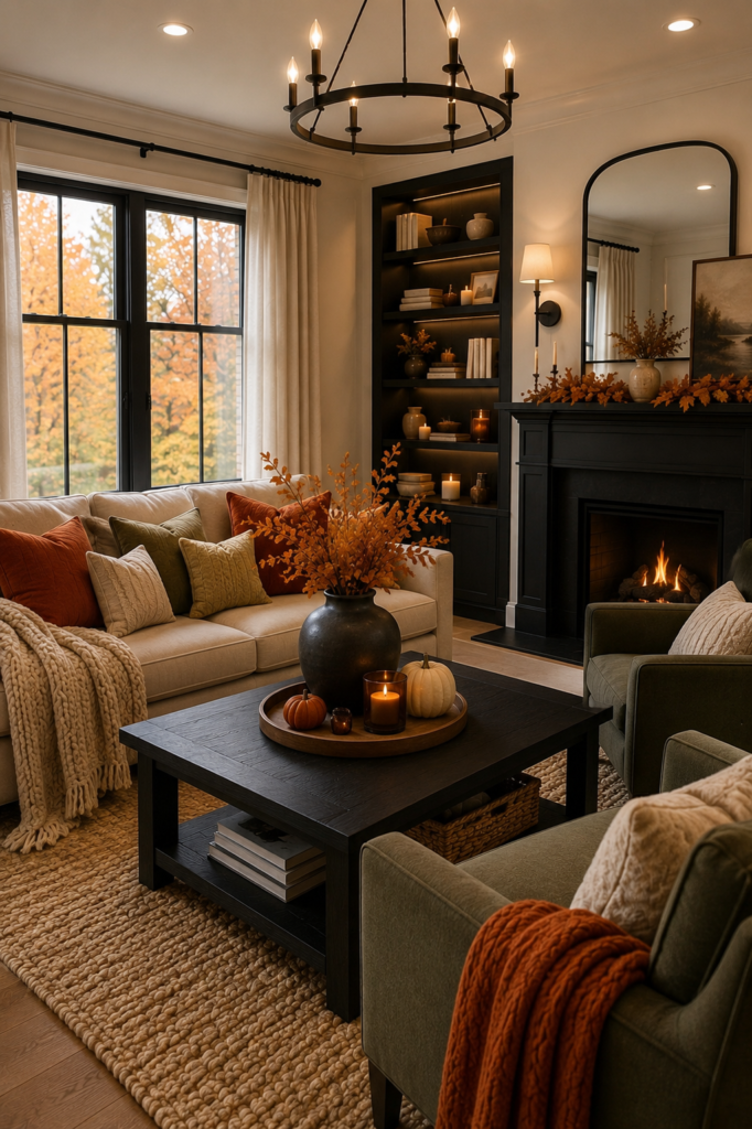 Stylish fall living room with cream sofa, dark fireplace, knit pillows, pumpkins, candles, and cozy fall home decor ideas.