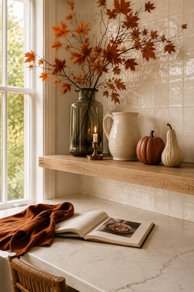 Minimal fall shelf styling with autumn branches, glass vase, ceramic pitcher, pumpkin, candle, and elegant fall home decor ideas.