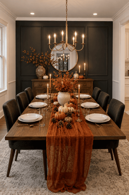 Dining room table with rust runner, mini pumpkins, candles, and fall centerpiece styled with elegant fall home decor ideas.