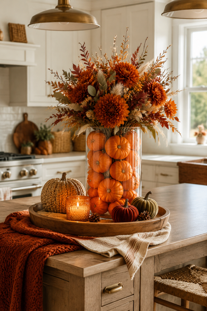 Fall kitchen island centerpiece with orange flowers, mini pumpkins, wooden tray, candle, and cozy fall home decor ideas.