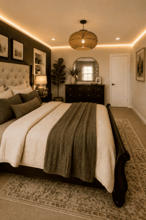 Elegant American bedroom featuring a tufted upholstered bed, dark wood dresser, woven pendant light, round mirror, neutral bedding, area rug, bedside lamps, and cozy farmhouse decor.