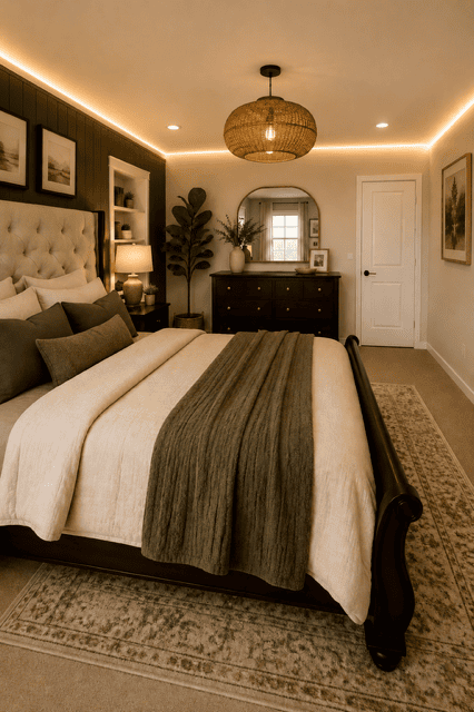 Elegant American bedroom featuring a tufted upholstered bed, dark wood dresser, woven pendant light, round mirror, neutral bedding, area rug, bedside lamps, and cozy farmhouse decor.