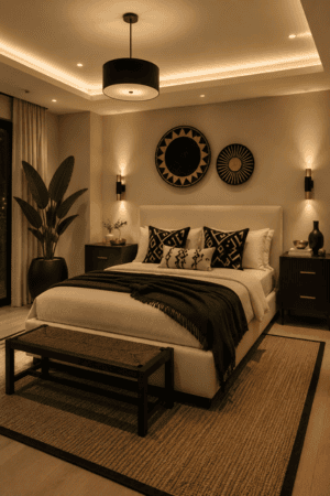 Cozy modern black and beige bedroom with upholstered bed, patterned accent pillows, black throw blanket, woven area rug, black bench, matching nightstands, wall sconces, statement wall decor, indoor plant, and warm ambient lighting.