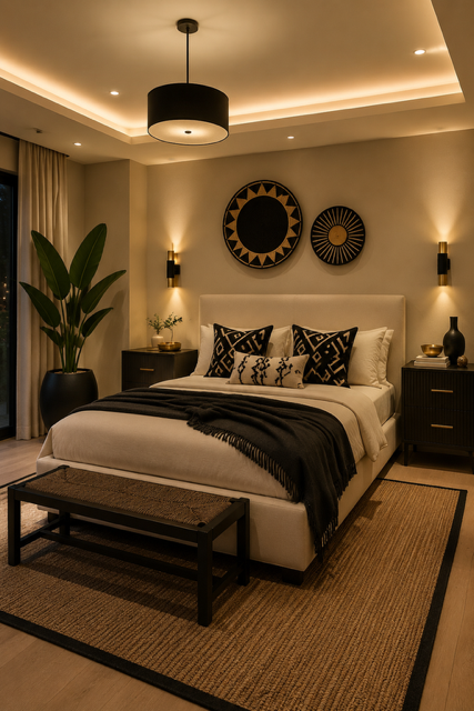 Cozy modern black and beige bedroom with upholstered bed, patterned accent pillows, black throw blanket, woven area rug, black bench, matching nightstands, wall sconces, statement wall decor, indoor plant, and warm ambient lighting.