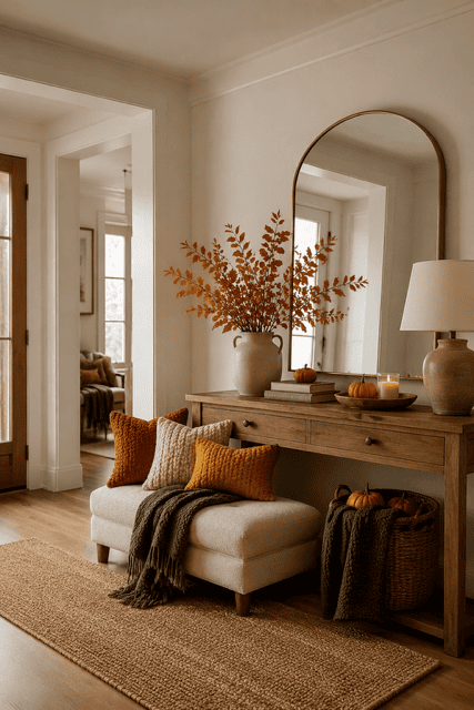 Neutral fall sitting nook with ivory bench, warm wood console, olive throw, pumpkins, woven textures, and rust-colored branches.
